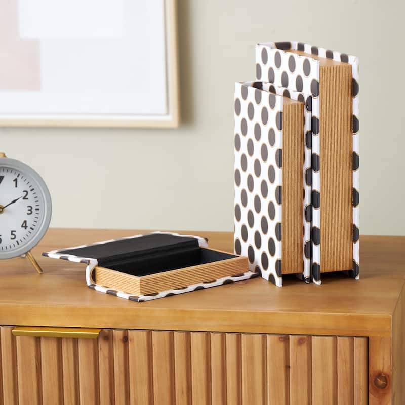 Faux Leather Polka Dot Faux Book Storage Box with Black and Metallic Gold Accents - Set of 3 White - Roche River Decor