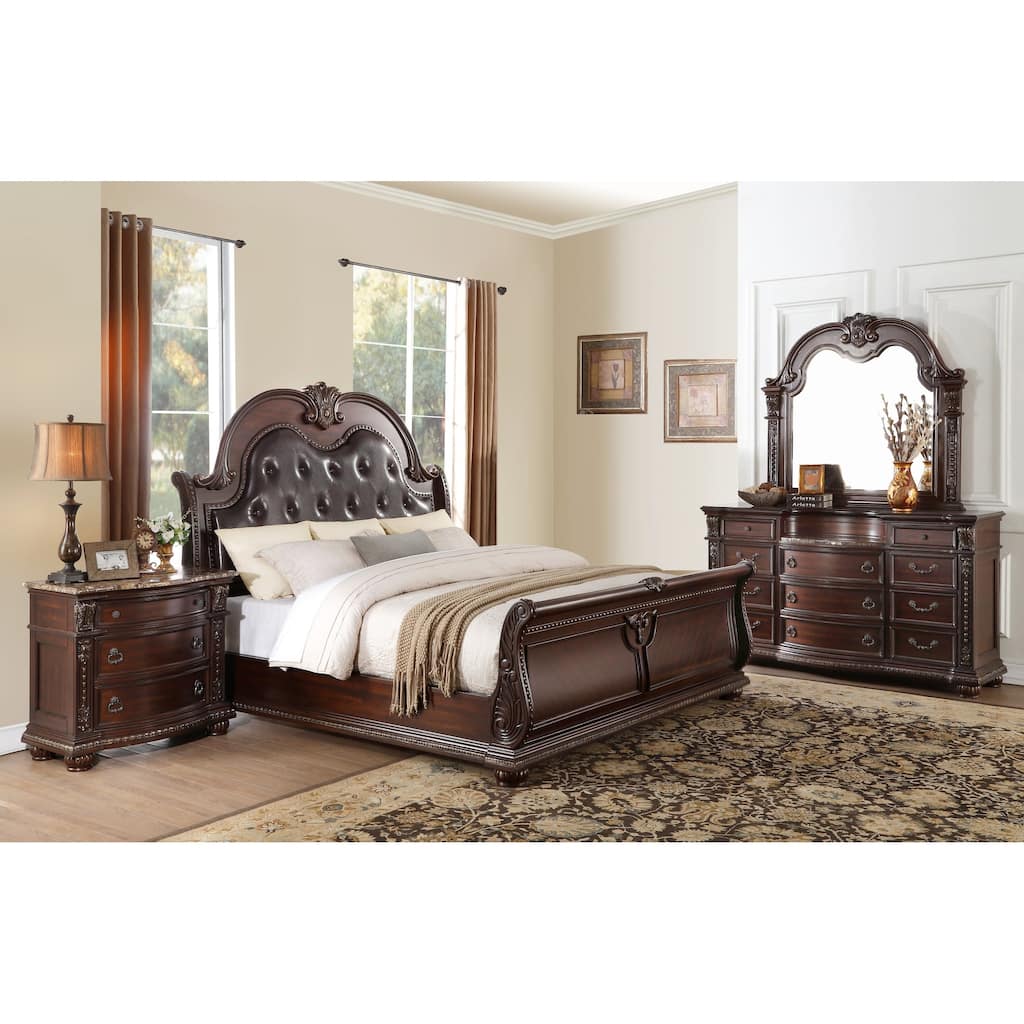 Formal Traditional Bedroom Sets Brown Finish Bed Nightstand Dresser Mirror Marble Top Pieces