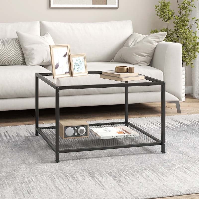 Tempered Glass and Black Metal 2-Tier Coffee Table with Mesh Shelf and 110 lbs Capacity - 27.5" x 27.5" x 18"