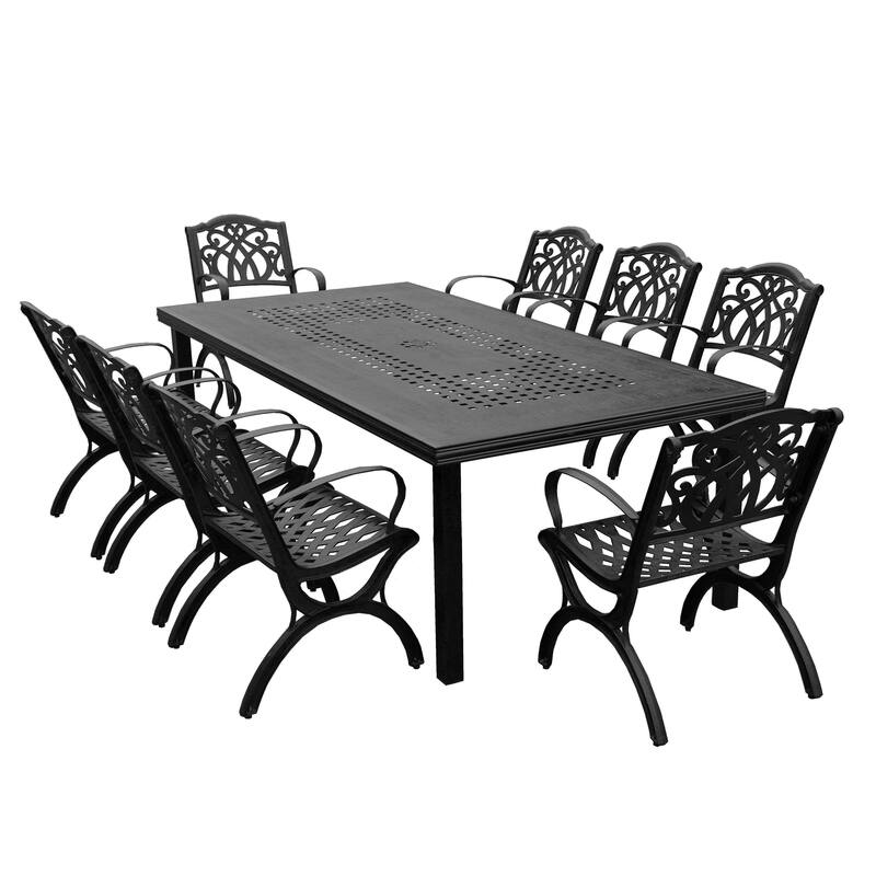 Modern Outdoor Mesh Lattice Aluminum 95-in Large Rectangular Patio Dining Set with Eight Arm Chairs - N/A - Black