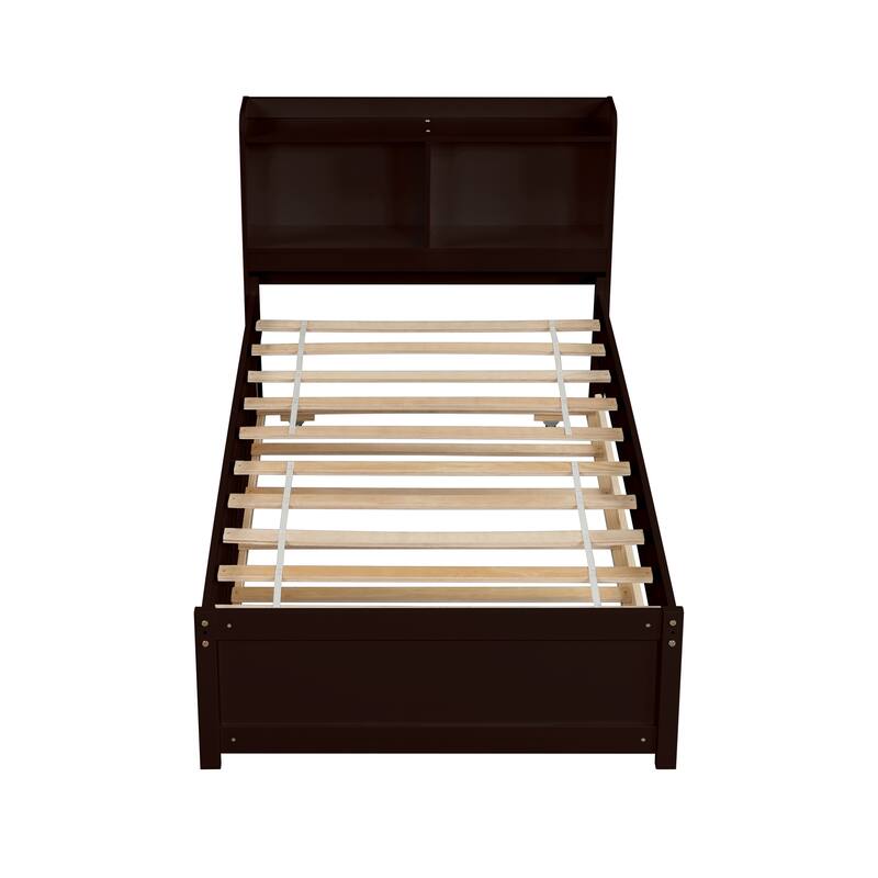 Twin/Full Bed with Trundle and Bookcase Headboard, Wood Storage Bed Frame with Shelves, No Box Spring