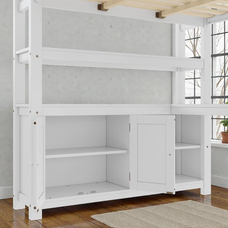 Queen Wood Loft Bed with Wardrobe, Desk & Bookshelf, Space-Saving Loft Bed with Storage Cabinet and Ladder for Kids & Teens