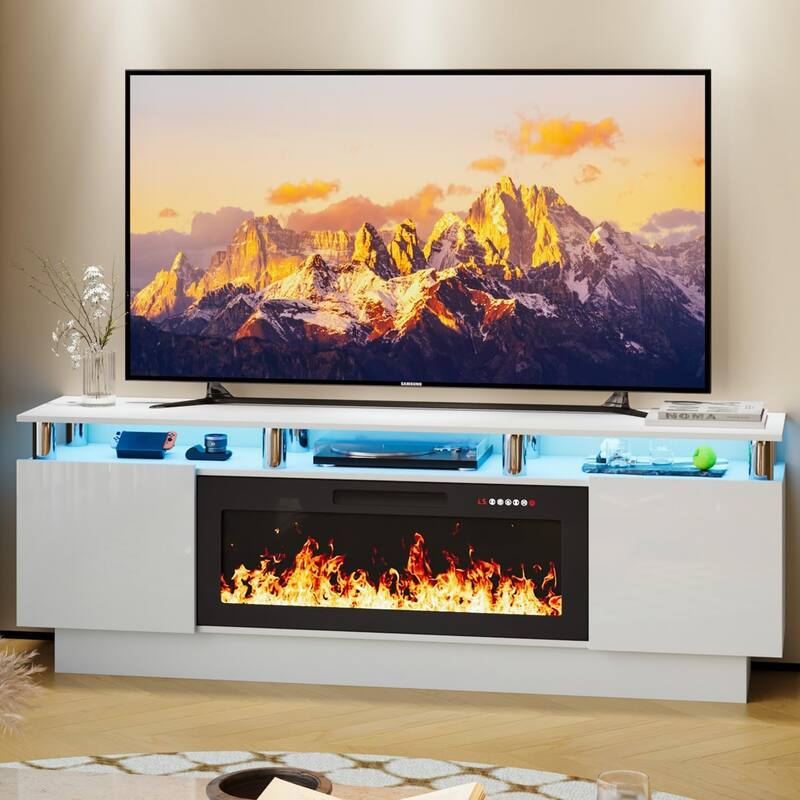 BOSSIN 70" Modern Electric Fireplace TV Stand, with Electronic Flame and LED Lights, High Gloss Finish Entertainment Center - White