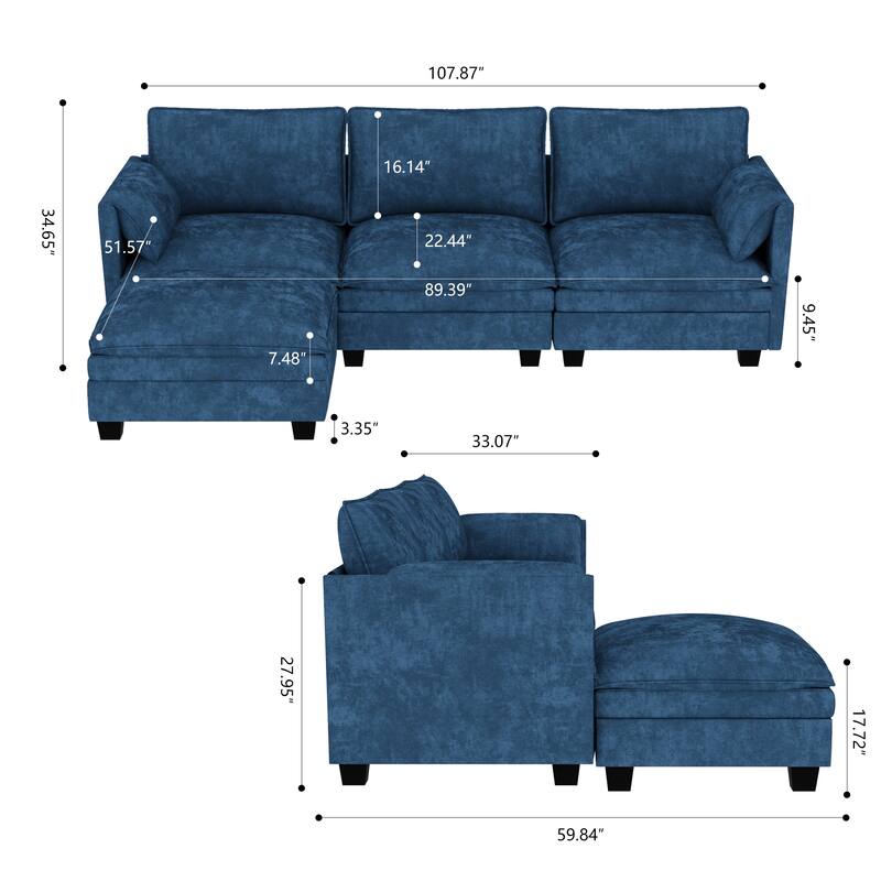 L-Shaped Sectional Sofa with Movable Ottoman, Fabric Upholstered 3 Seater Sofa, Deep Seat Sofa with Side Pockets - Blue