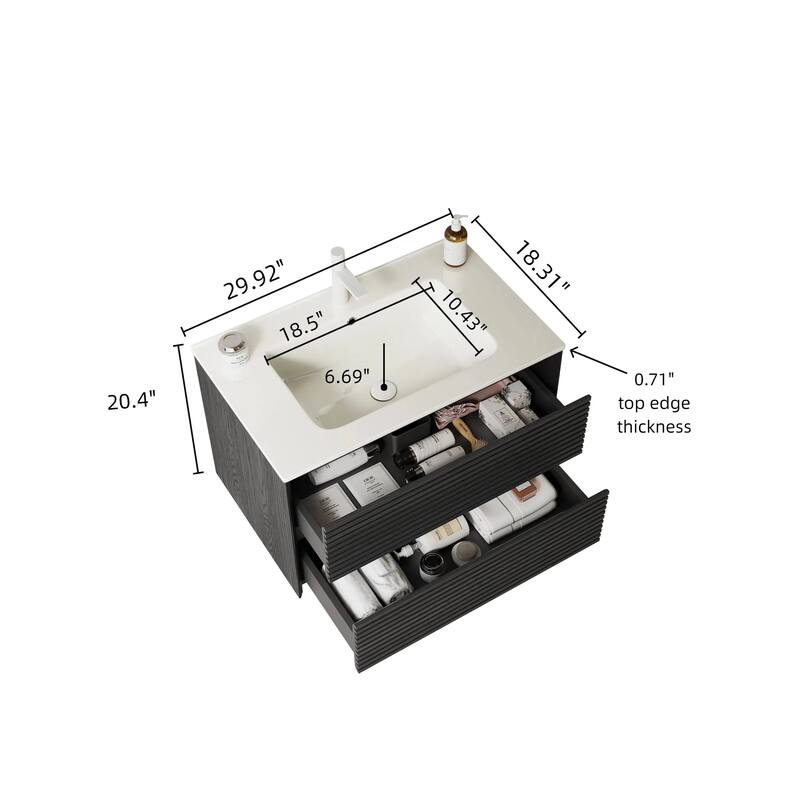 Minimalist Wall Floating Bathroom Vanity Horizontal Stripe Storage Cabinet with Integrated Sink and 2 Soft Close Drawers