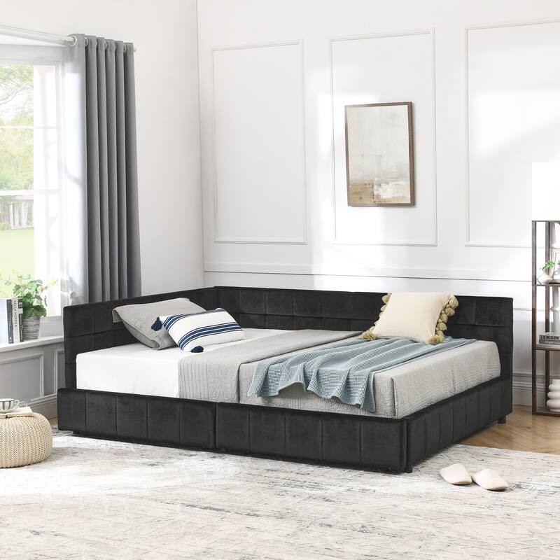 L-shaped Velvet Upholstered Daybed Tufted Sofa Bed with Soft Backrest Armrests - and Optional Corner Storage Day Bed