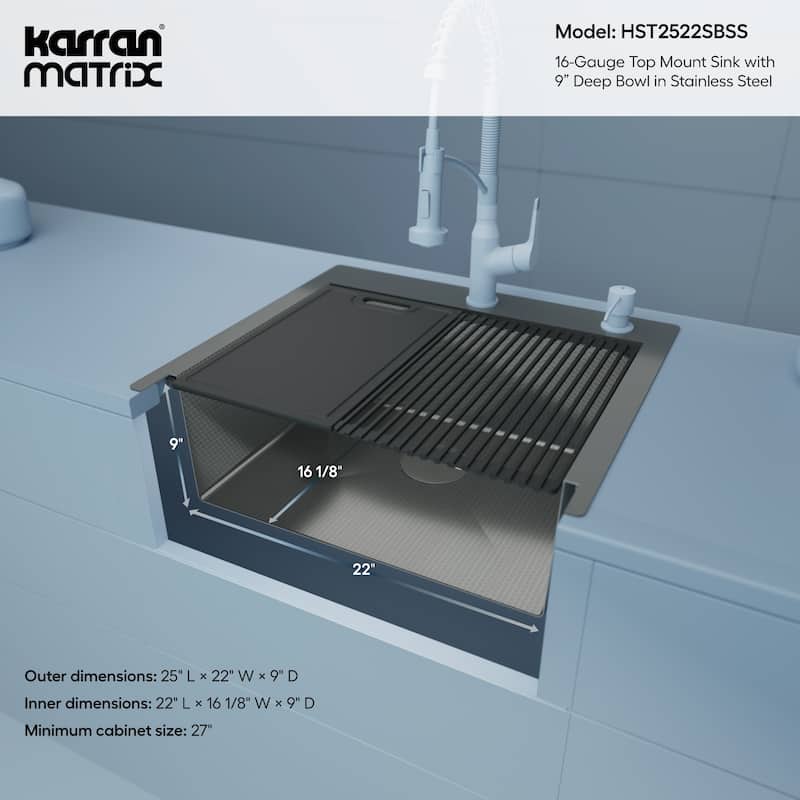 Matrix 25" Top Mount Workstation 16 Gauge Single Bowl Stainless Steel Kitchen Sink with Accessories