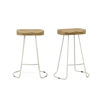 25” Set of 2 Backless Mango Wood Seat Bar Stool with Steel Frame and Footrest for Kitchen Island - 25.25”H x 18.5”W x 17”D