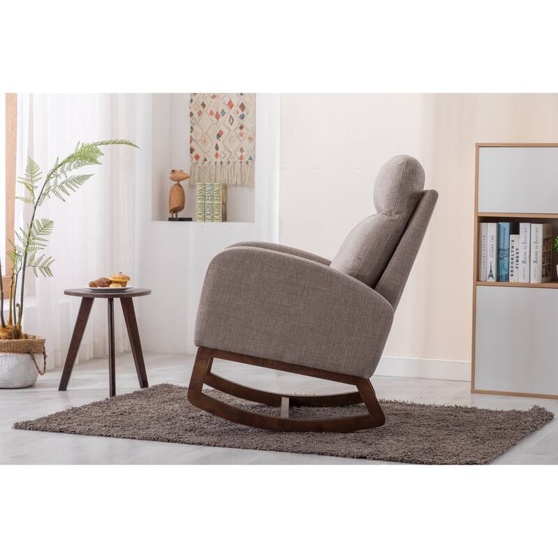 Modern Accent Upholstered Rocking Rocker High Back Arm Chair with Wooden Frame Side & Pockets for Living Room
