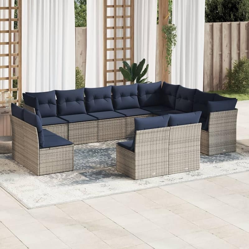 vidaXL Patio Sofa Set with Cushions Outdoor Conversation Furniture Poly Rattan - 21.7" x 24.4" x 27.2" - Beige and gray without table