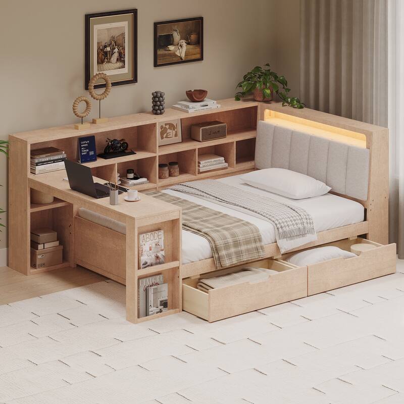 L-shaped Wooden Sofa Daybed with Desk, Bookcase Cabinet, Corner Bed with Under-bed Drawers, Upholstered Headboard Built-in Light - Natural - Twin