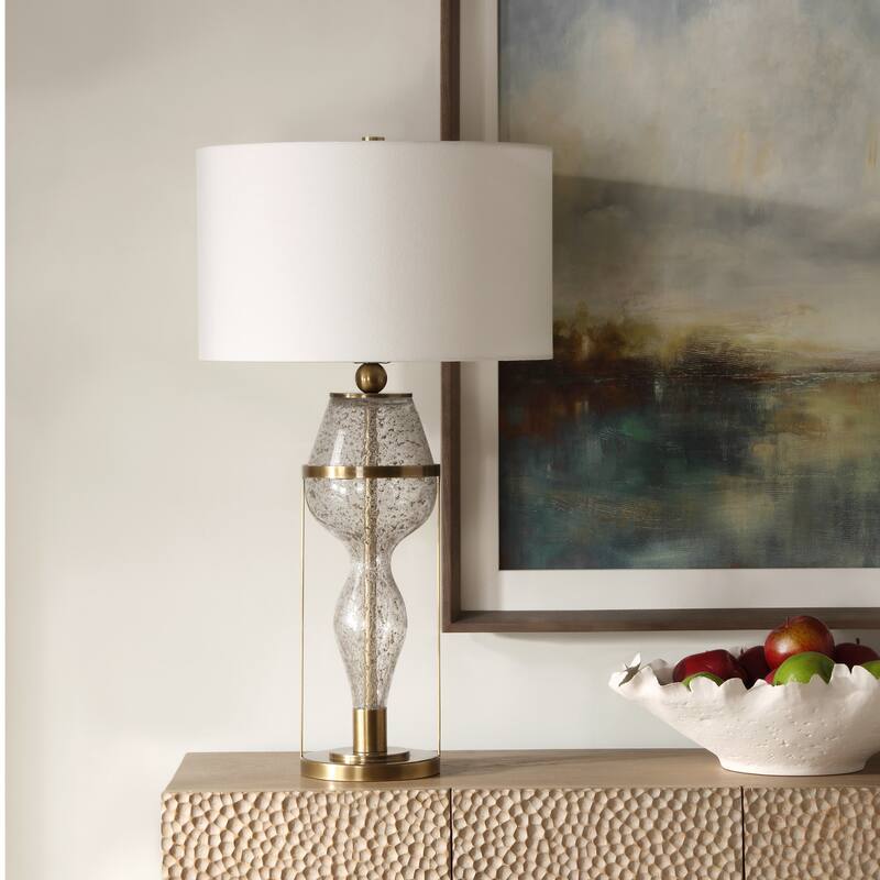 Seeded Glass Table Lamp with Round Shade - 29.75" - Clear and Antique Brass