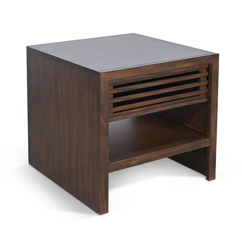 Nero Side End Table, Slatted Drawer, 26 Inch Solid Wood Dark Brown