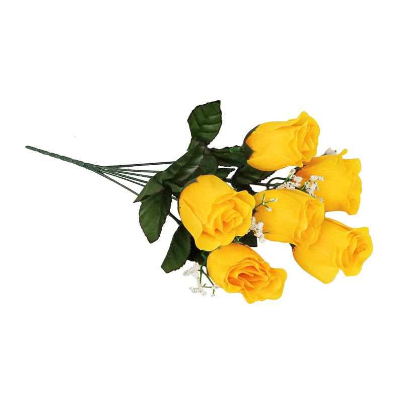 Set of 12 Yellow Artificial Rose Bud Flower Stem Bush Bouquet 14in - 14" L x 6" W x 6" DP