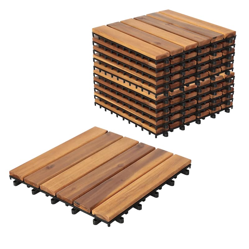 Interlocking Deck Tiles - 10PCS Waterproof Acacia Wood Patio Tiles, Flooring Tiles for Both Indoor and Outdoor - Brown