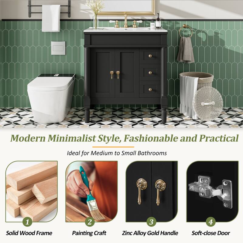 30" Elegant Bathroom Vanity Set with Ceramic Sink - Solid Wood & MDF, 2 Doors & 3 Drawers, Soft-Close, Adjustable Shelf