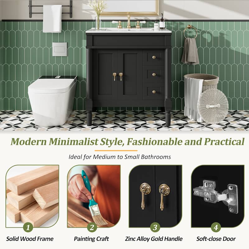 30-Inch Modern Bathroom Vanity with Ceramic Sink, Soft-Close Doors & Drawers, U-Shaped Adjustable Shelf, and Zinc Alloy Handles