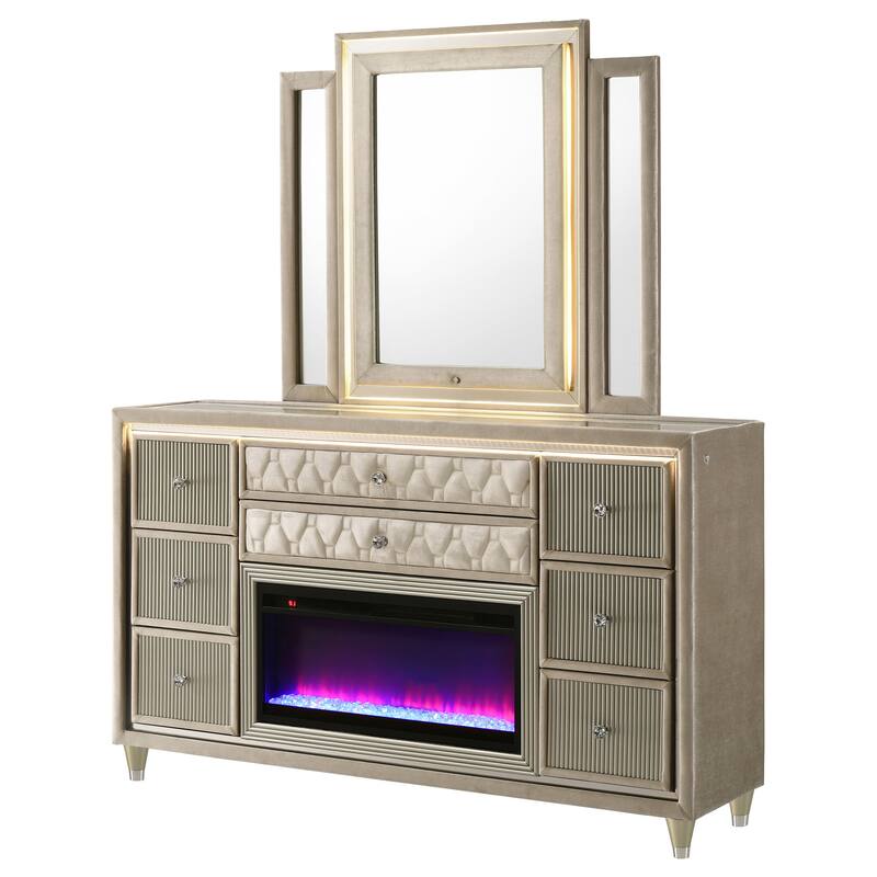 Lorient 8-drawer LED Bedroom Flame Box Dresser Ivory Camel