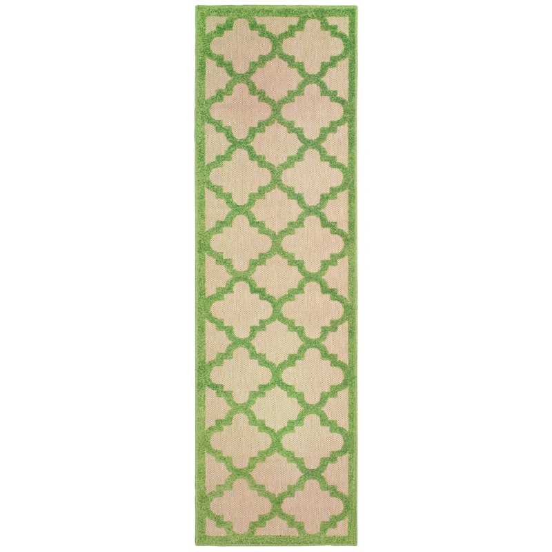 Style Haven Cara Mixed Pile Quatrafoil Lattice Indoor/ Outdoor Area Rug - 2'3" x 7'6" Runner - Green/Cream