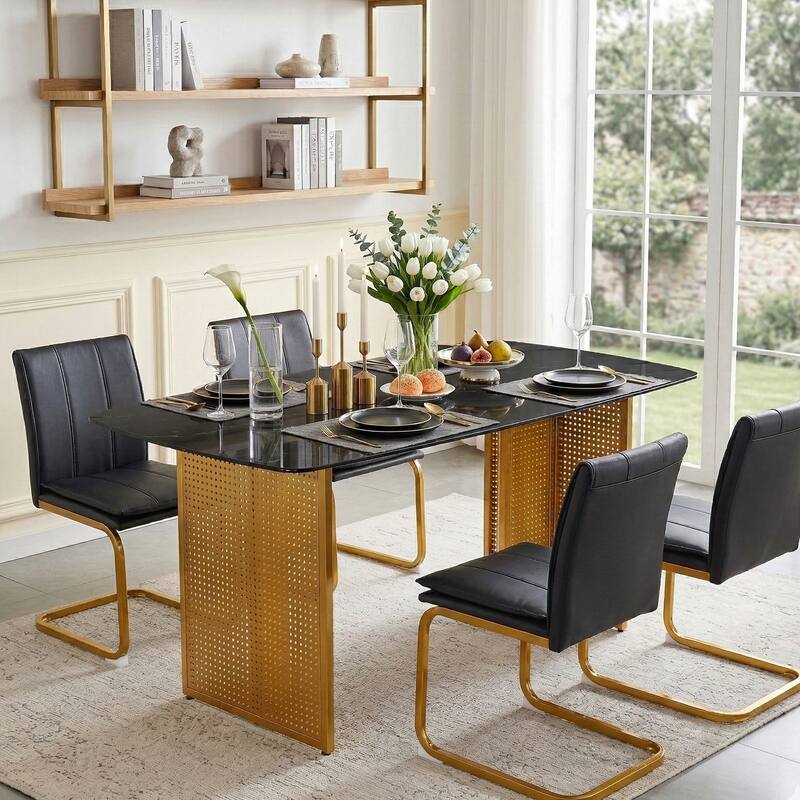 Rectangular Tempered Glass Dining Table for 6, Featuring a Marble-Patterned Design with Golden Hollow-Out Metal Legs