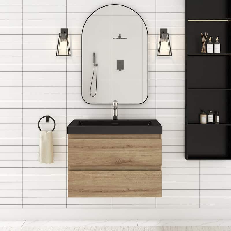 24/30/36 inch Wall-Mounted Bathroom Vanity Set in F. Oak with Integrated Black Resin Sink - 30"
