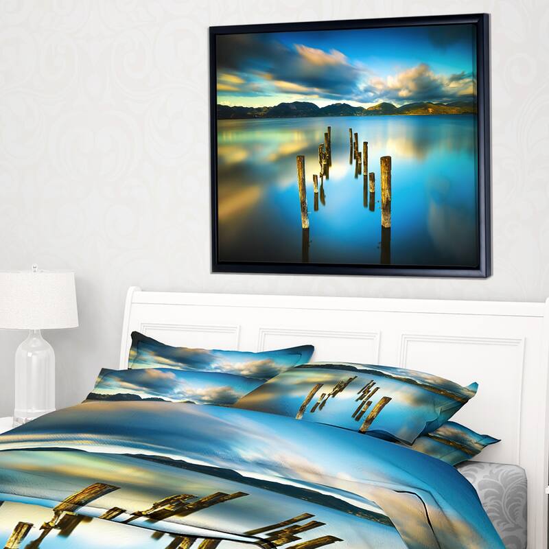 Designart "Cloudy Lake with Broken Pier" Seascape Framed Canvas Art Print