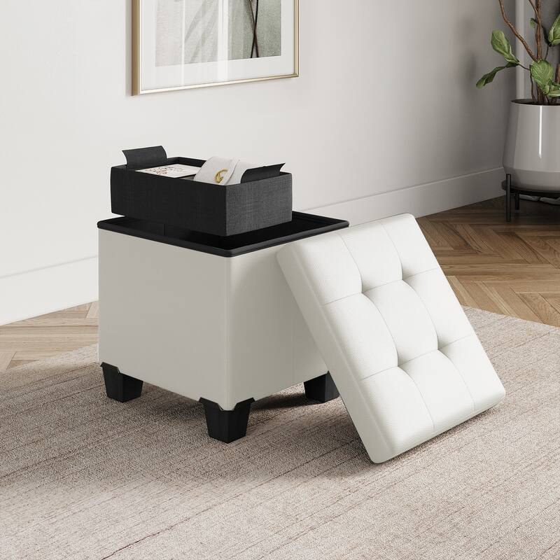 Empyrean Tuffted Folding Foot Rest Storage Ottoman Bench with Storage Bins - 15 Inch - White Leather