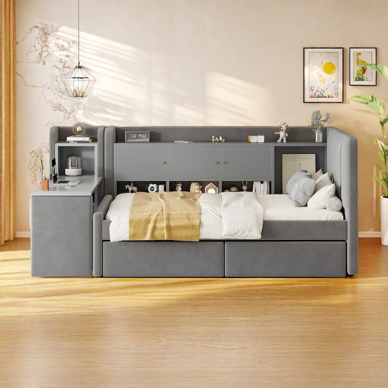 Twin Size Daybed with Storage - Built-in Side Table, 2 Drawers and Flip-Top Cabinets, Space-Saving Design - Gray