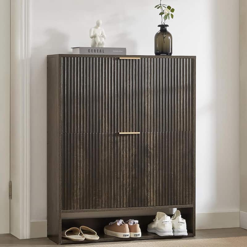 31.5''W Slim Shoe Cabinet, Fluted Hidden Shoe Storage Cabinet with 2 Flip Drawers, Wooden Fluted Shoe Rack