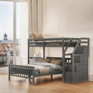 Twin over Full Loft Bed with Staircase, Ladder with 3 Grids, Grey