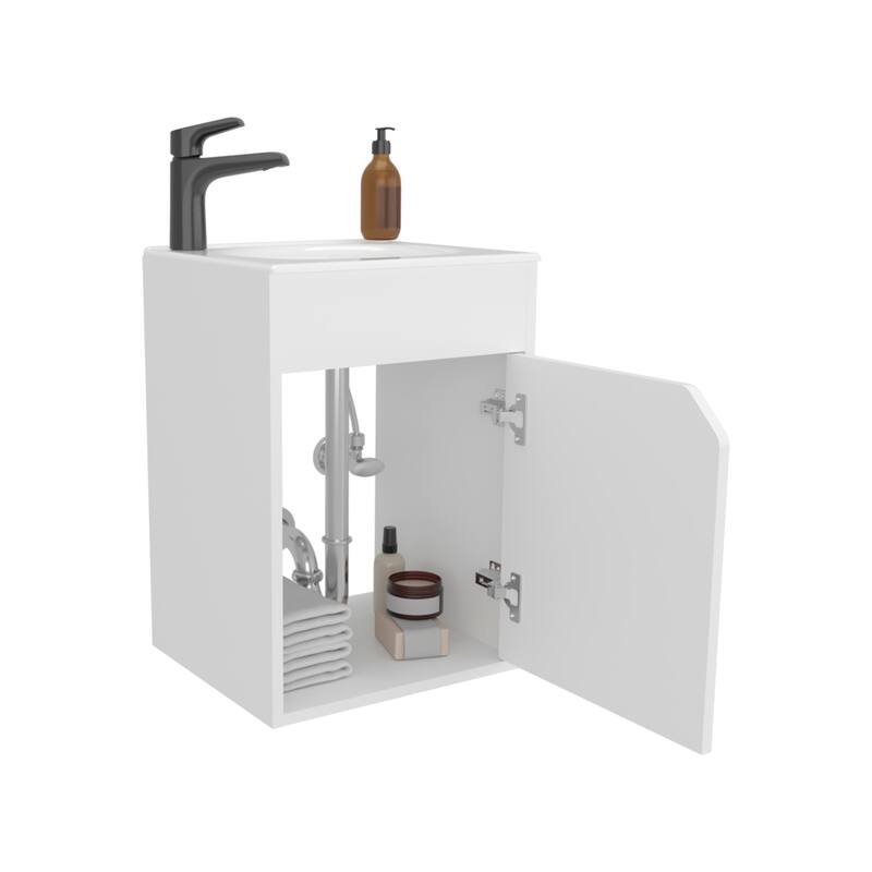 Floating Wide One-Door Vanity With Resin Sink And Two Shelves, Bathroom Storage