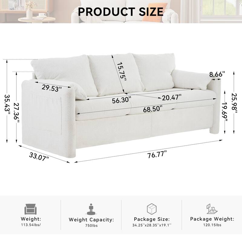 76.77" Chenille 3-Seater Sofa with Barrel Back & Sturdy Frame