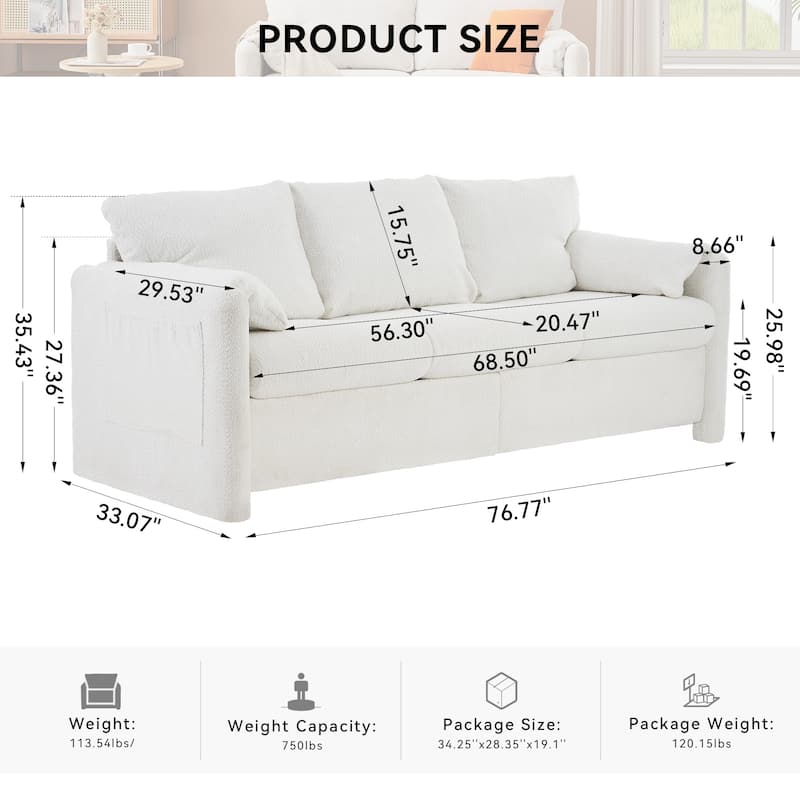 Minimalist Ergonomic 3-Seater Sofa Couch with Armrests, Ivory White Sleeper Sofa Couch for Living Room Bedroom