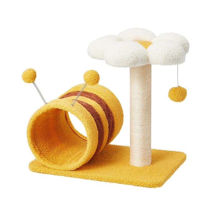 EROMMY 14.6 in Flower Cat Tree with Well-padded Perch, Cat Tower with Sisal Scratching Posts and Interactive Toys, Yellow