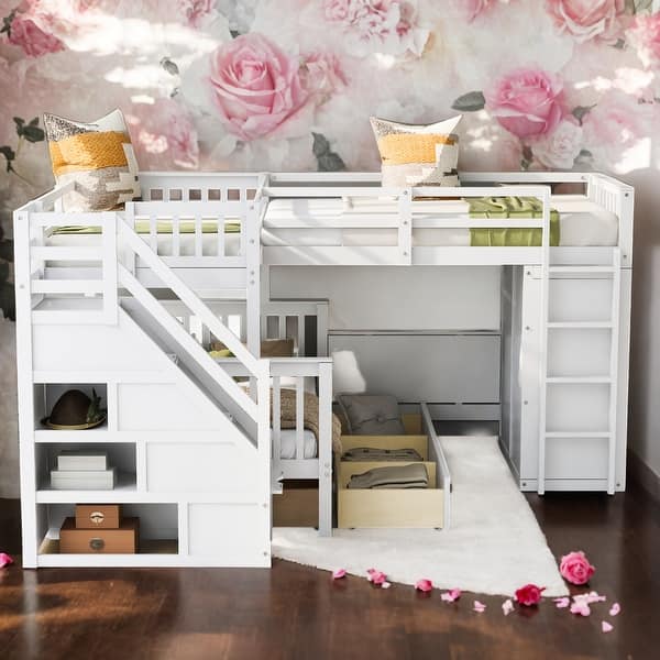 slide 2 of 9, Twin-Twin over Full L-Shaped Bunk Bed With 3 Drawers,Desk,Wardrobe