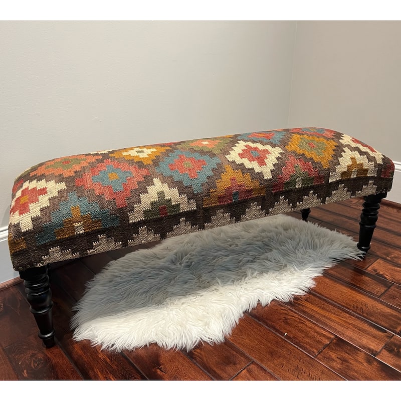 HERAT ORIENTAL Handmade Kilim Upholstered Wooden Bench - 48" W x 16" H x 18" L