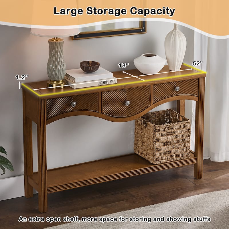 52 Inch Fluted Wood Console Table with 3 Drawers and Solid Wood Legs for Living Room Entryway Decor