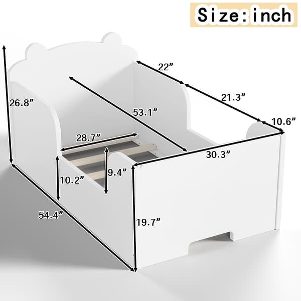 dimension image slide 4 of 5, Roomfitters Bear-Shaped Toddler Floor Bed, Wood Cot with Safety Guardrails, Modern Montessori Low Profile Kids Bed