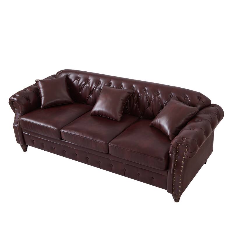Chesterfield Sofa Classic Tufted Technical Leather Lounge Couch with Hidden Storage, Nailhead Trim and Pillows, for Living Room