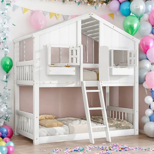 slide 2 of 19, Modern Twin over Twin Bunk Bed With Roof ,Window,Window Box,Door,Guardrails And Ladder for Bedroom