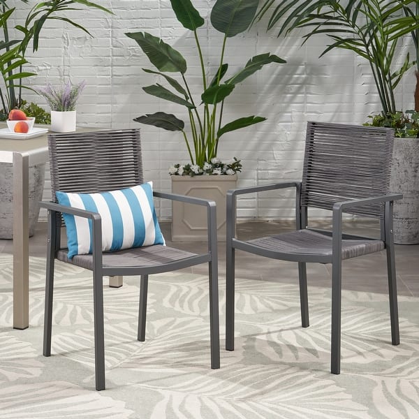 slide 2 of 10, Patios Aluminum Dining Chair Set of 2, Dark Grey Rope Seat Garden Chair Side Chair, Kitchen Dining Room Furniture Dining Chairs DARK GREY