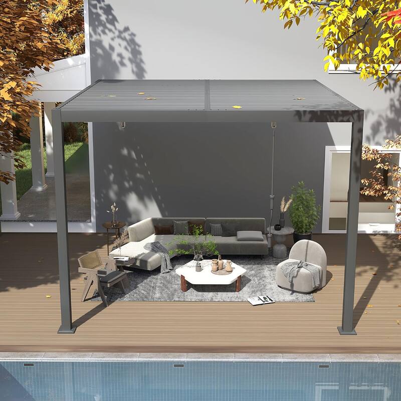EROMMY Outdoor Louvered Pergola Gazebo with Adjustable Aluminum Rainproof Roof and Pull-Down Screen