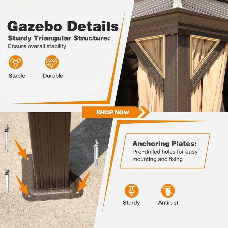 Erommy Pro Series Outdoor Galvanized Steel Roof Gazebo Pergola w/ Aluminum Frame & Vertical Rain Cutter