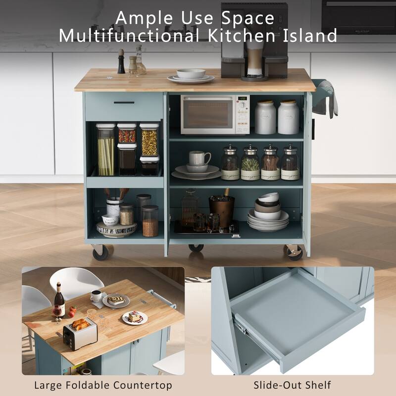 Space-Saving Kitchen Island with Foldable Countertop, Rolling Cart on Wheels, Towel Rack, Drawer & Slide-Out Shelf