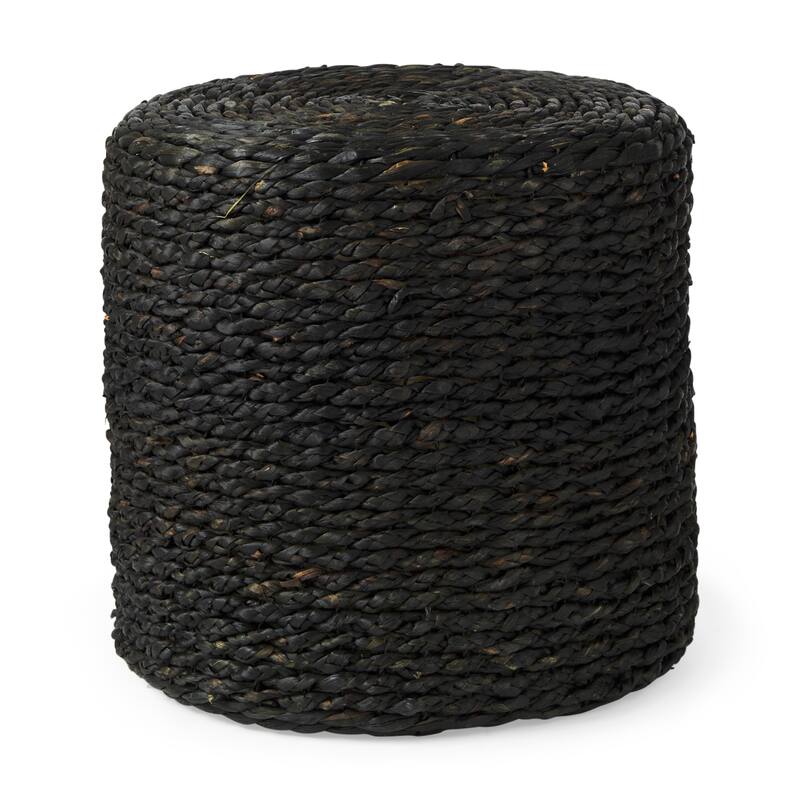 Mercana "Dina" Black Cornhusk & Water Hyacinth Round Square Pouf - Medium