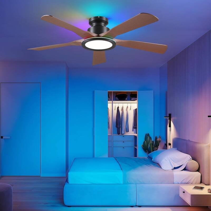 52 Inches Low Profile Flush Mount Ceiling Fan with LED Light,Reversible DC Motor - 52 Inches