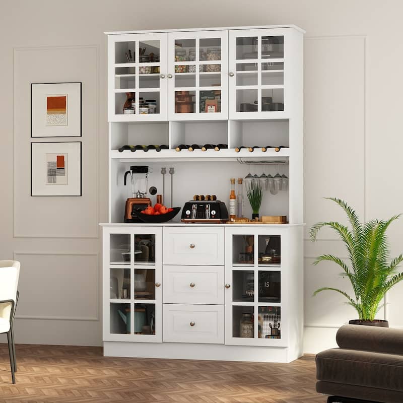 78.9''Pantry Buffet White Buffet with Wine Glass Rack Drawer and Hutch