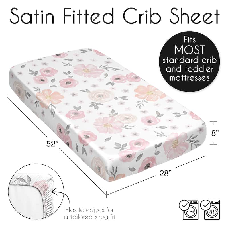 Sweet Jojo Designs Blush Pink Grey Boho Floral Girl Satin Fitted Crib Sheet Bohemian Farmhouse Shabby Chic Watercolor Gray White