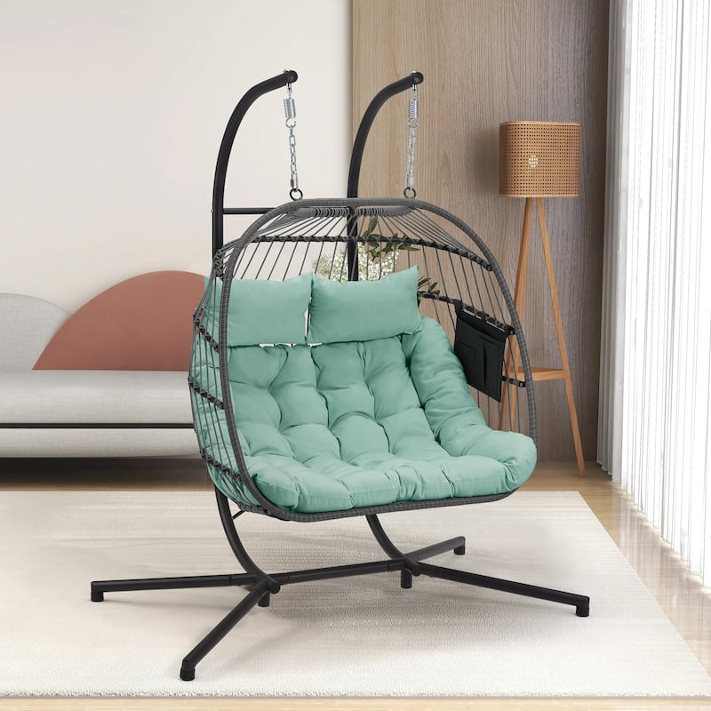EROMMY Hanging Egg Chair with Stand, Foldable Indoor/Outdoor Swing Chair includes Cushion and Pillow, Patio Wicker Swing