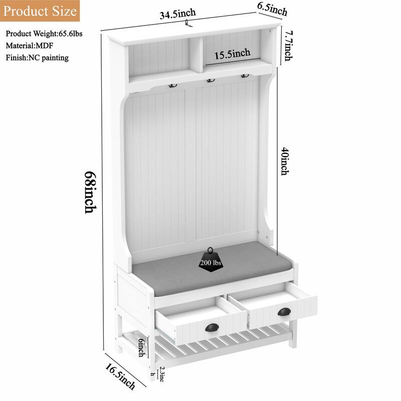 3-in-1 Hallway Hall Tree with 2 Storage Drawers, 4 Coat Hooks, Padded Bench Cushion, Entryway Shoe Rack with Top Shelves